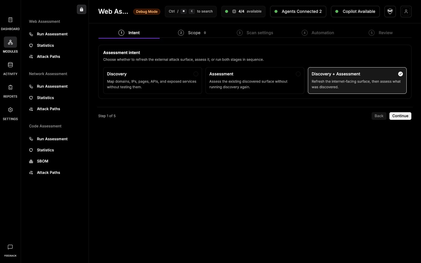 Web Run Assessment intent step showing Discovery, Assessment, and Discovery plus Assessment