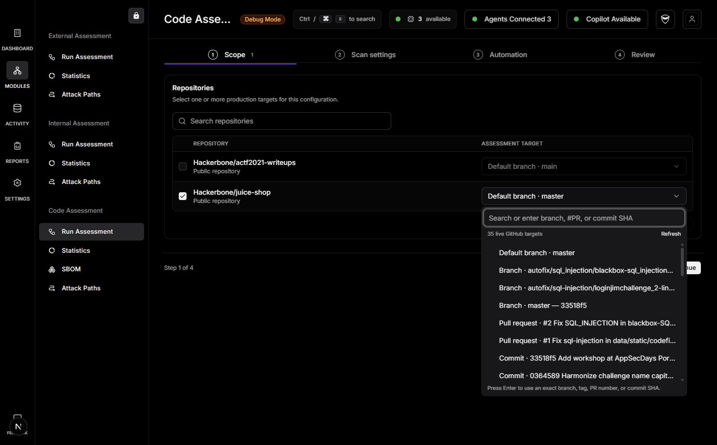 Code Assessment repository target dropdown with live branches, pull requests, and commits