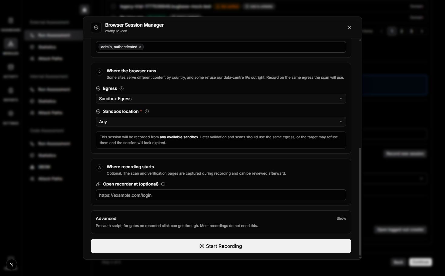 Browser Session Manager egress and optional recorder start settings