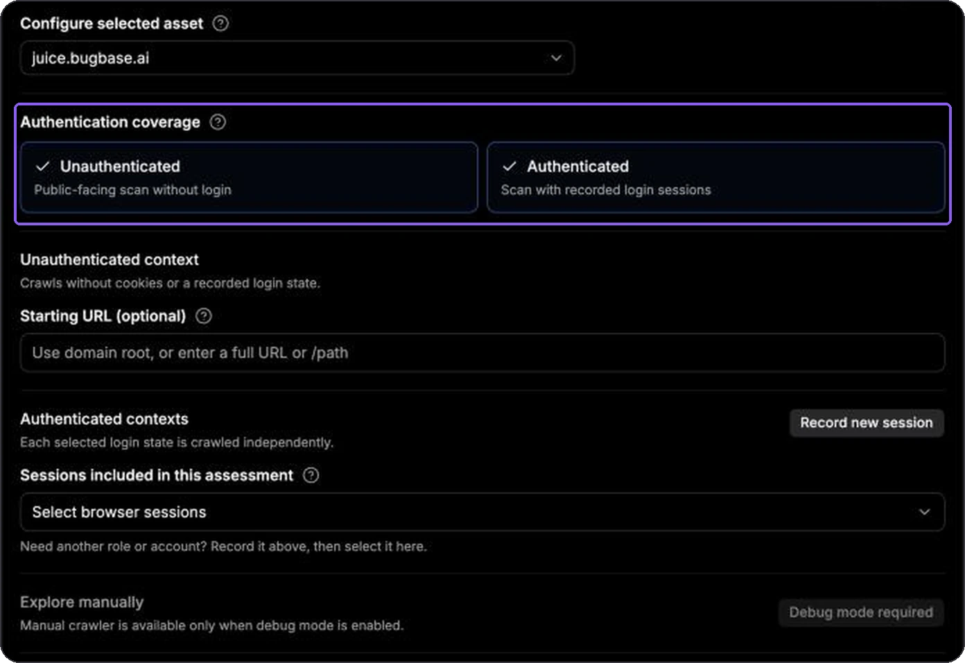 Authentication coverage with Unauthenticated and Authenticated selected and the session picker